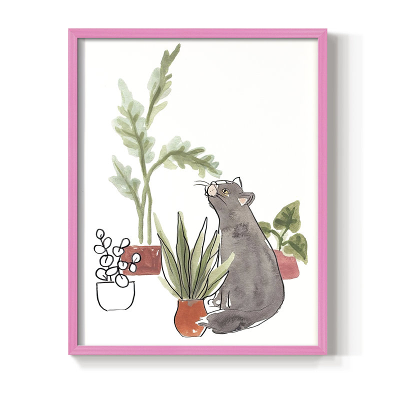 PurrfectPlantsIV Framed Print - Solid Wood, 21" H x 17" W, Pink