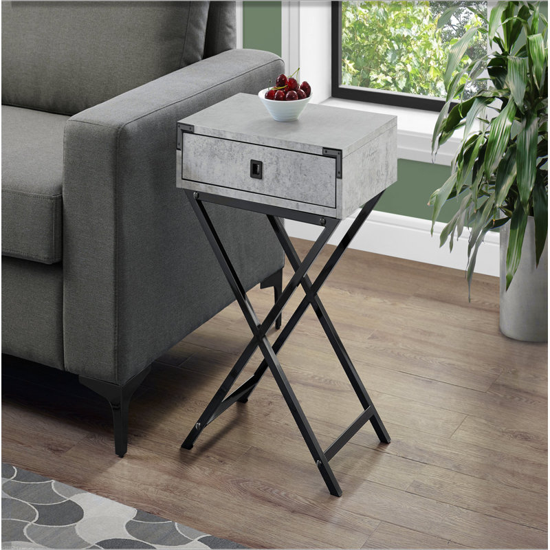 Table d'appoint, côté, bout, table de chevet, lampe, tiroir de rangement, salon, chambre à coucher, stratifié gris, métal noir, contemporain, moderne
