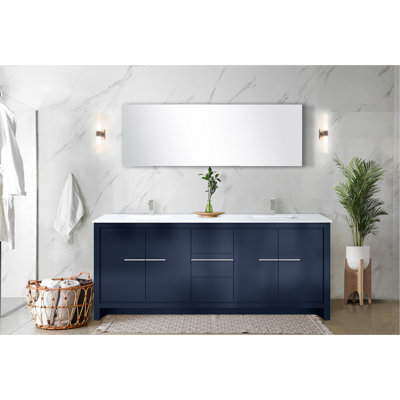 Navy Blue Double Bath Vanity 80 In. X 20 With White Quartz Surface And Brushed Nickel Faucet - Soft Close Abundant Storage Space 80" 20" Vanity, Top, Plentiful Areas Presented