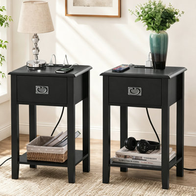 Miramontes 2 Nightstands with Drawer 2 USB Ports & 2 Power Outlets Charging Station End Table Bedside Tables