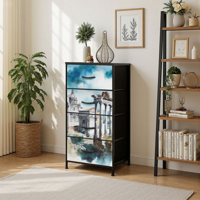 4 Drawer Vertical Storage Dresser Italy Rome landmark Forum ancient buildings ruins watercolor painting with Wood Top Fabric Pull Drawers by East Urban Home