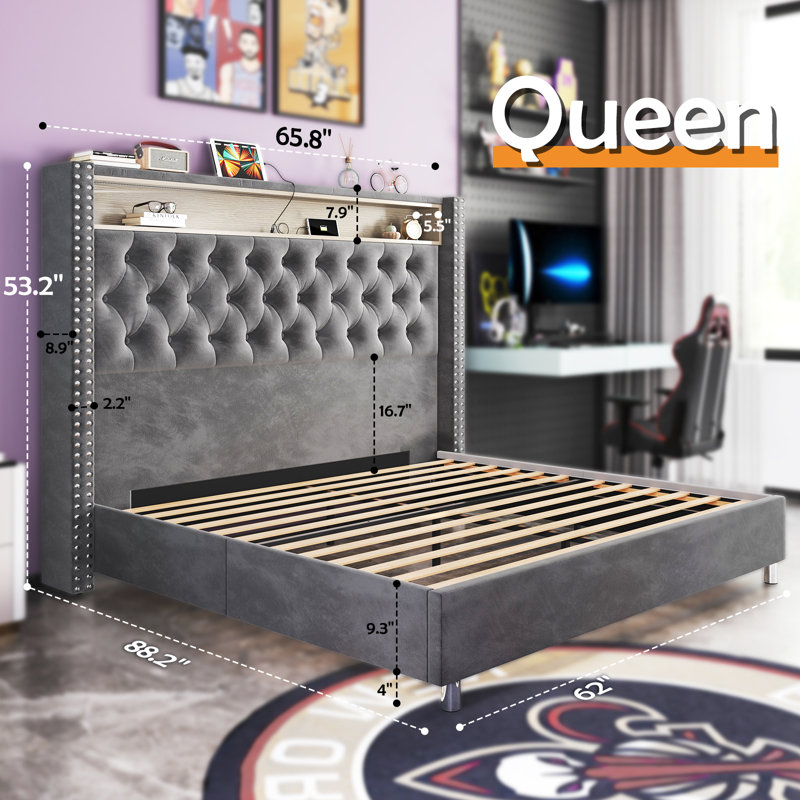Lit plateforme tapissier Mansuur, gris, Grand