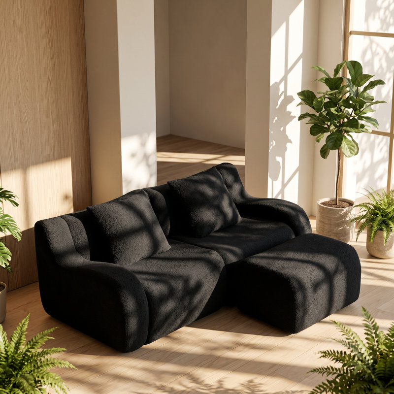 Ailuridae 82.7" W x 65.7" D x 27.9" H 2-Seat L-Shaped Teddy Fabric Modular Sectional Sofa, Black Teddy