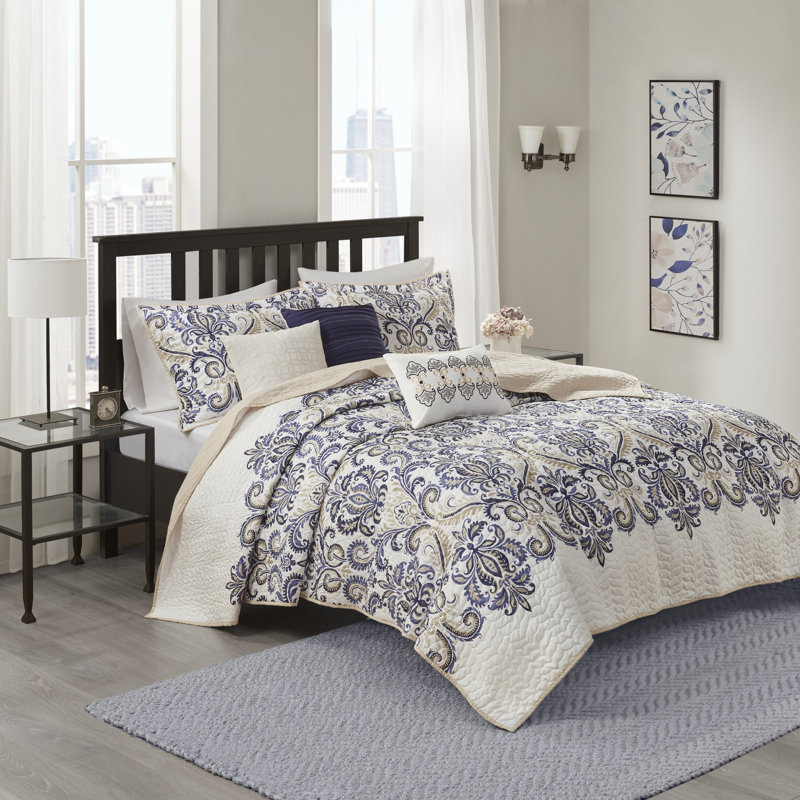 Navy and Beige Microfiber Reversible Full Quilt Set