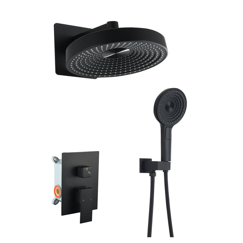 Système de douche encastré noir mat moderne et minimaliste - Valve de contrôle en laiton à 2 fonctions avec pommes de douche suspendues et à main et buses en silicone autonettoyantes