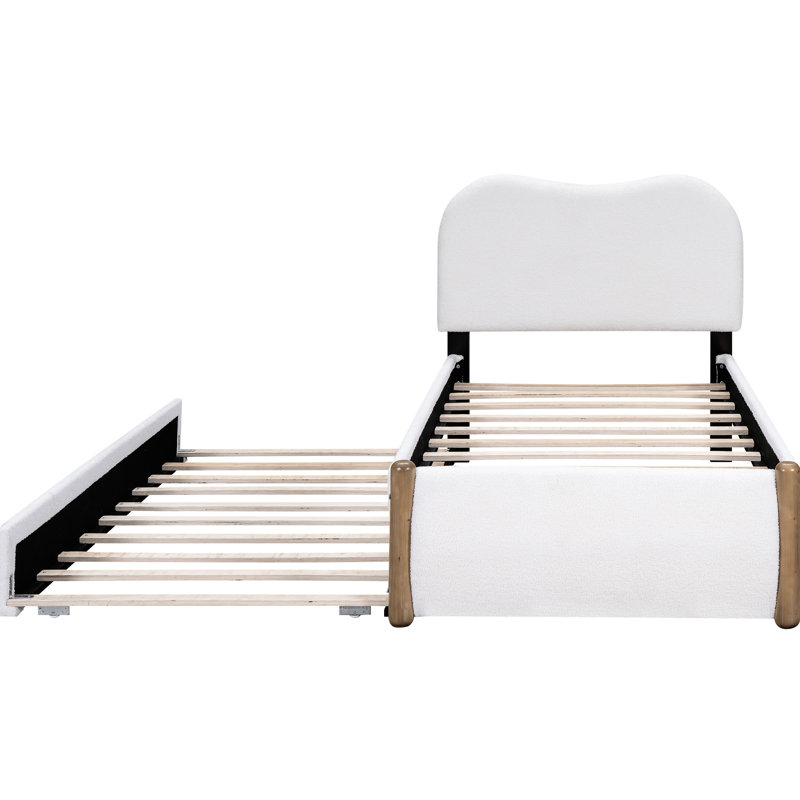 Lit plateforme avec lit gigogne simple - revêtement en bois massif rembourré, expérience de sommeil relaxant, Twin, White