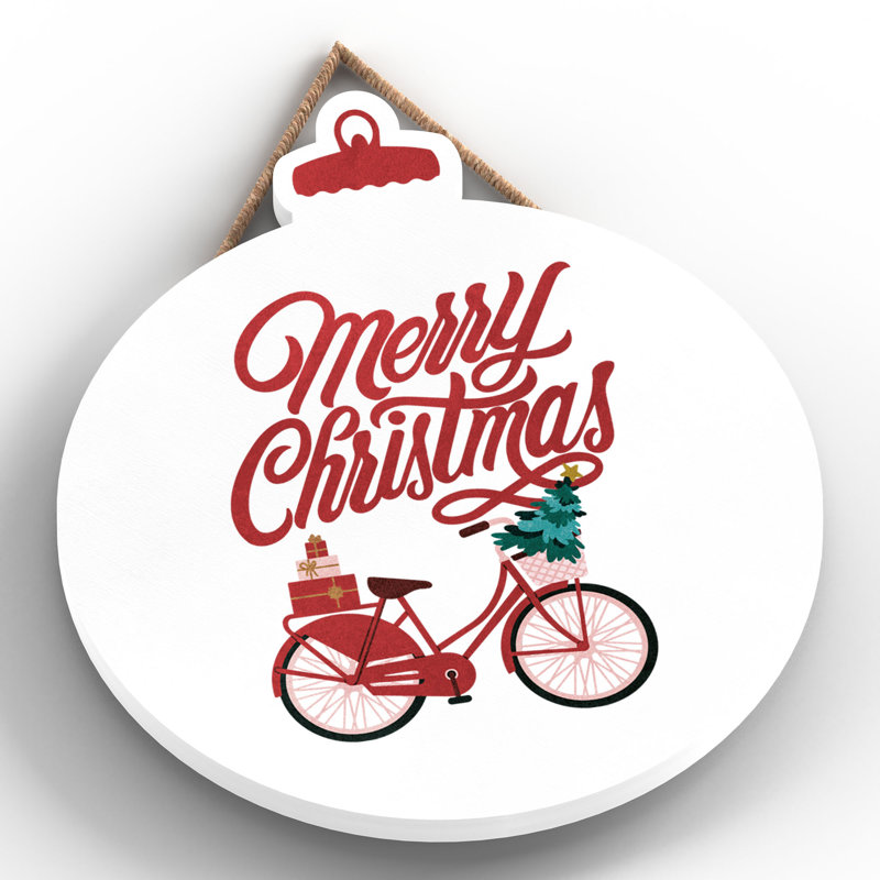 Xmas Merry Christmas Bicycle Wooden Bauble Plaque