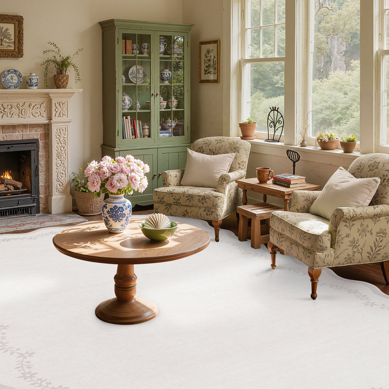 Floral Scalloped Non Slip Washable Area Rug for Living Room Bedroom, Low Pile  Thin Solid Home Decor Carpet, Runner 2' x 6'