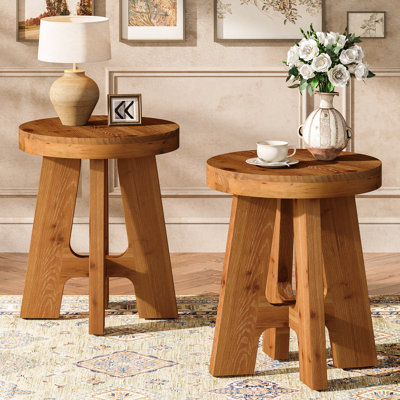 Rustic Solid Wood Round Side Table, Farmhouse End Table for Living Room or Bedroom, Small Bedside Table in Brown