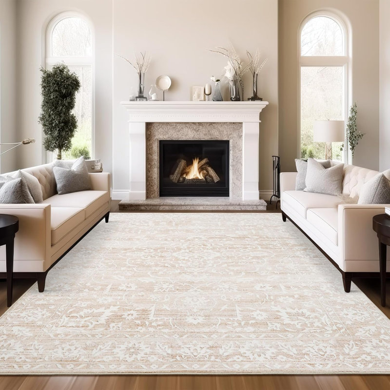 Machine Washable Medallion Floral Area Rug(Beige), Rectangle 10' x 14'
