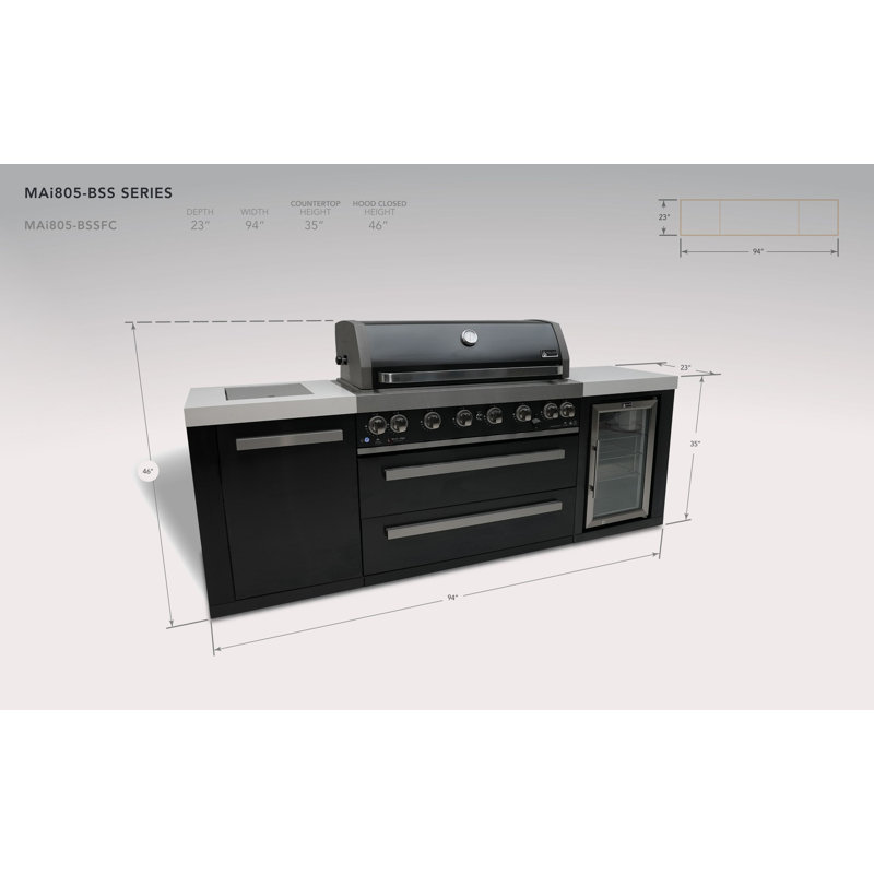 Mont Alpi 6-Burner 115000 BTU Black Stainless Steel Outdoor Kitchen Island BBQ Grill + Refrigerator