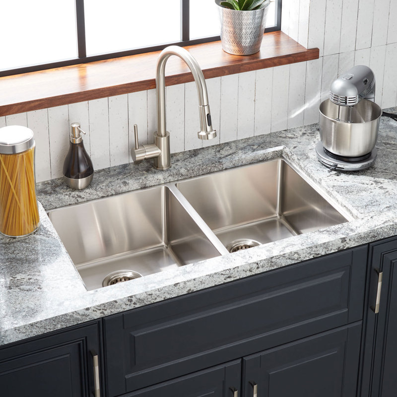 Signature Hardware 33" Ortega Double Bowl Stainless Steel Drop-in Sink Single Hole