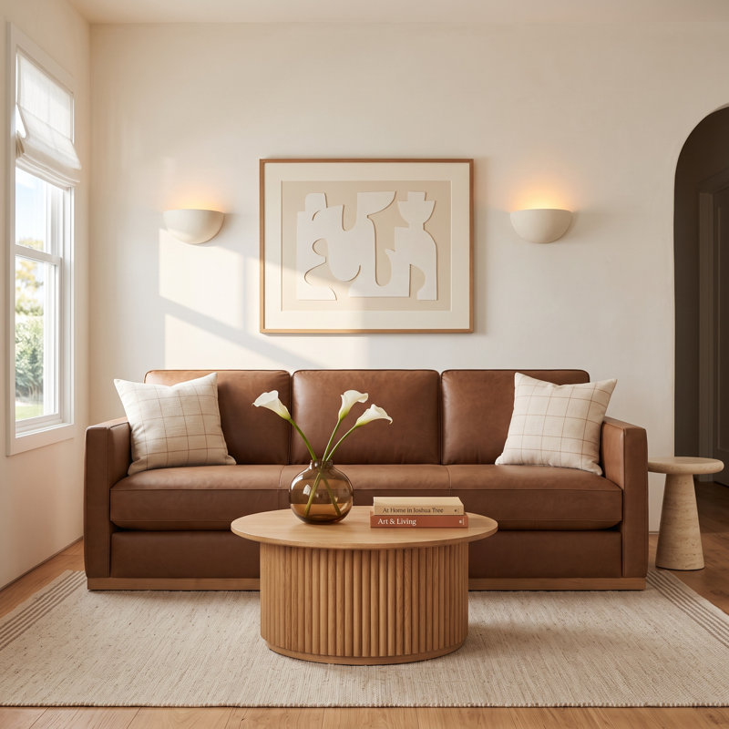  Bobbi 87'' Genuine Leather Upholstered Sofa, Marseille Brown Genuine Leather