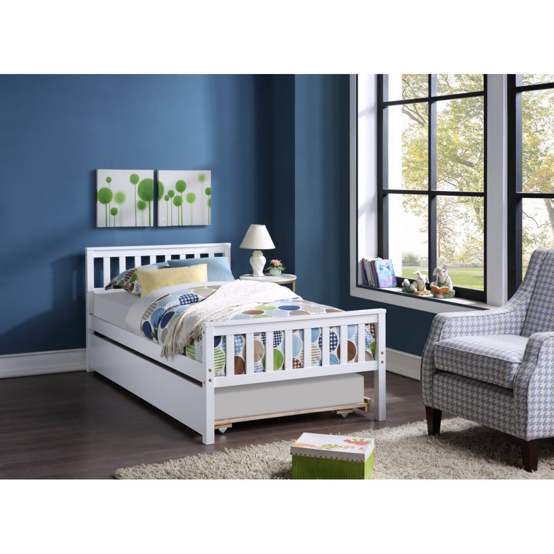 Lit simple avec lit gigogne, cadre de lit plateforme avec tête et pied de lit, Blanc