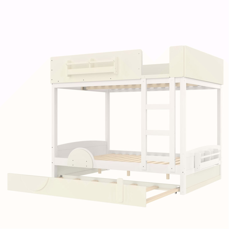 Lit superposé double avec lit gigogne, cadre de lit superposé en bois avec bibliothèque intégrée et garde-corps de sécurité de haute qualité, forme d'automobile pour enfants, blanc et beige.