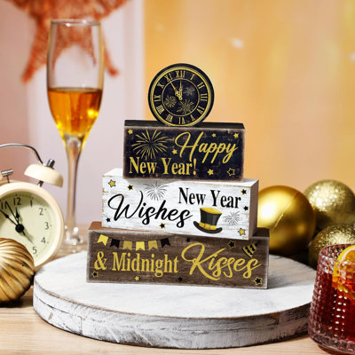 4 Pcs New Year Wooden Block Signs Farmhouse Table Decor Clock | Tiered Tray Centerpiece with Clock, Midnight Kisses Wishes Sayings, Rustic Shelf Decor for Kitchen Bathroom Farmhouse