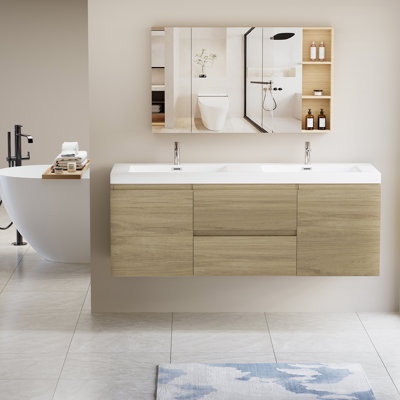Meuble-lavabo mural 60 po avec lavabo, meuble-lavabo mural moderne 60 po avec lavabo double en résine et tiroirs à fermeture en douceur