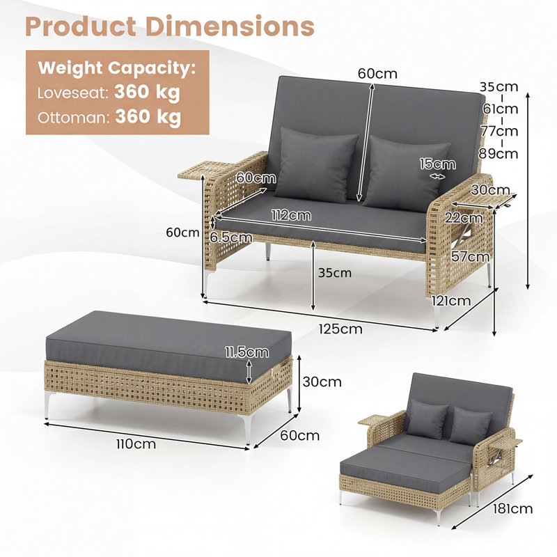 121cm Long Double Chaise, Grey