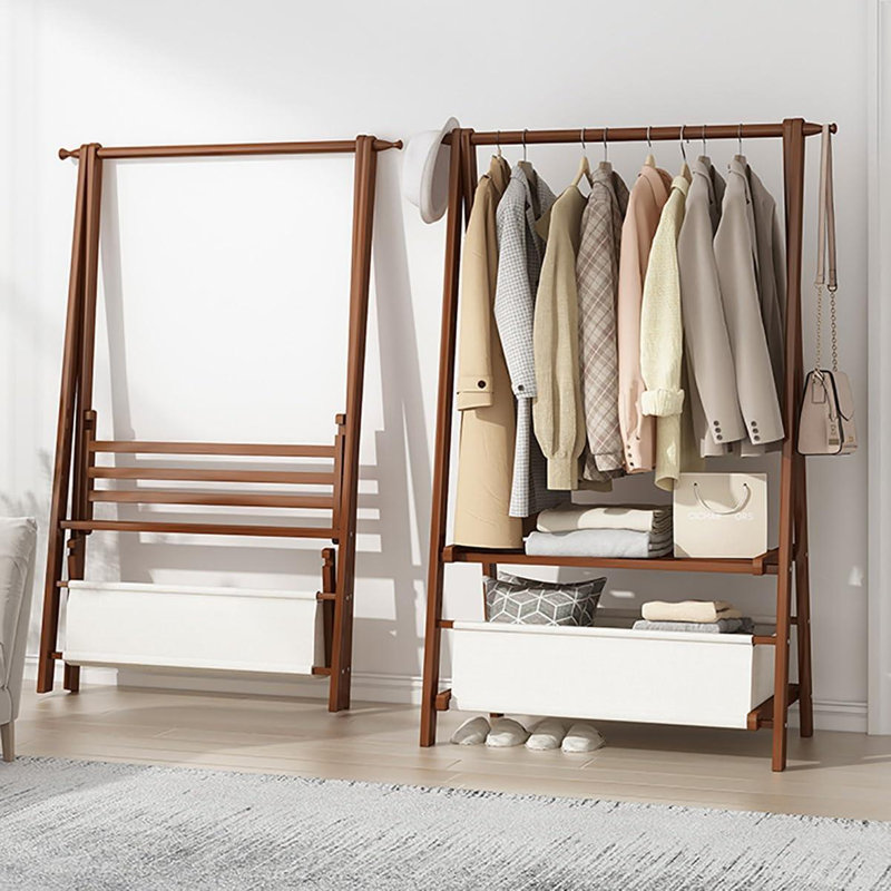 Finzel 46" W Clothing Garment Rack Clothes Rack Wooden with 2 Tier Shelves and Bag, Brown