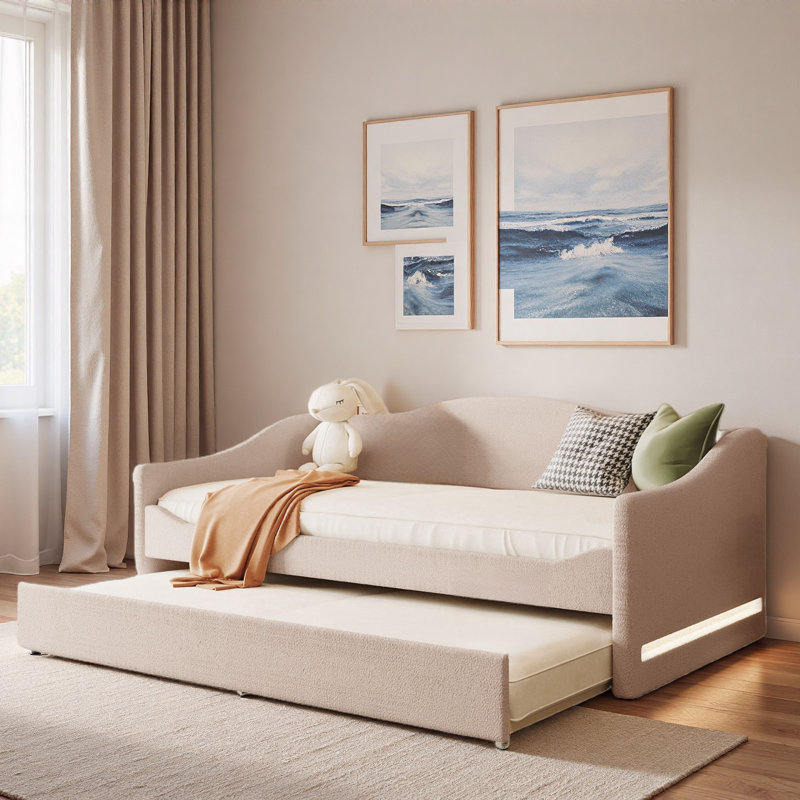 Upholstered Daybed With Led Light And Trundle, Beige, Twin