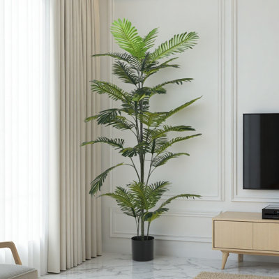 Grand palmier artificiel 86 pouces avec pot en plastique noir - Faux arbre tropical pour la décoration intérieure