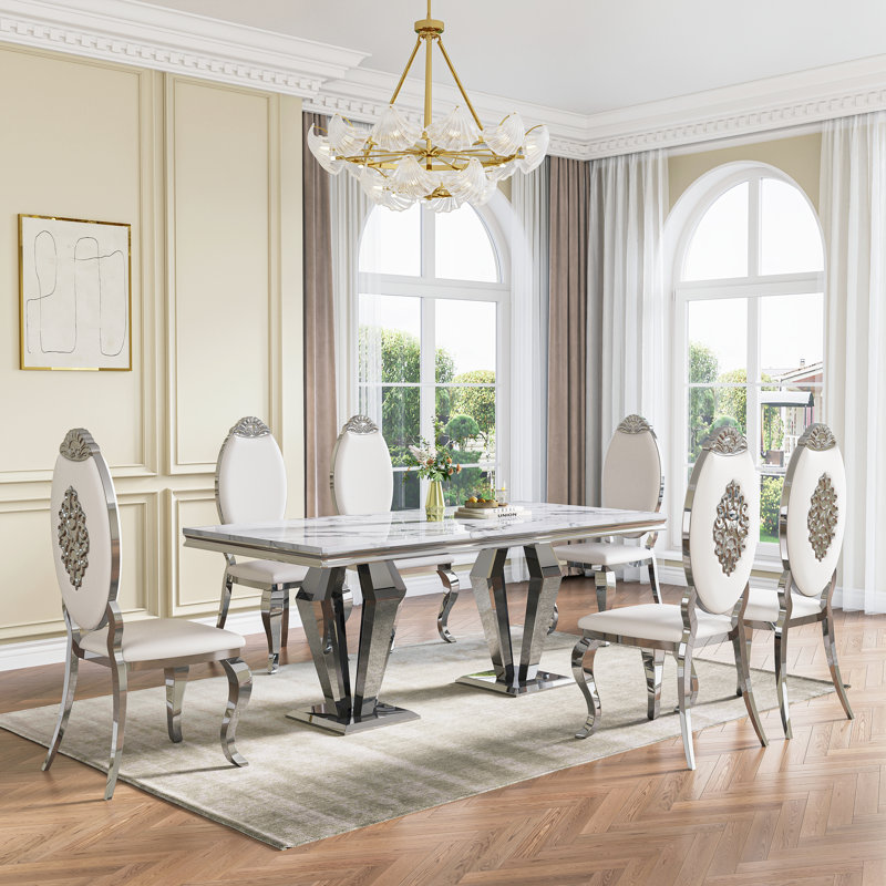70"Faux Marble Dining Table,Rectangular Kitchen Table With Diamond-Shape Stainless Steel Legs For Kitchen, Living Room