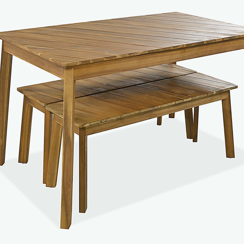 3 Pieces Acacia Wood Table Bench Dining Set For Outdoor & Indoor Furniture With 2 Benches, Picnic Beer Table for Patio, Porch, Garden, Poolside