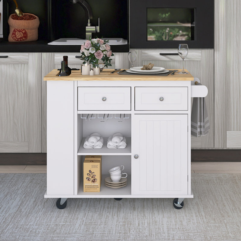 39.8" Rubber Wood Drop-Leaf Countertop Kitchen Cart With Open Storage And 5 Wheels, White