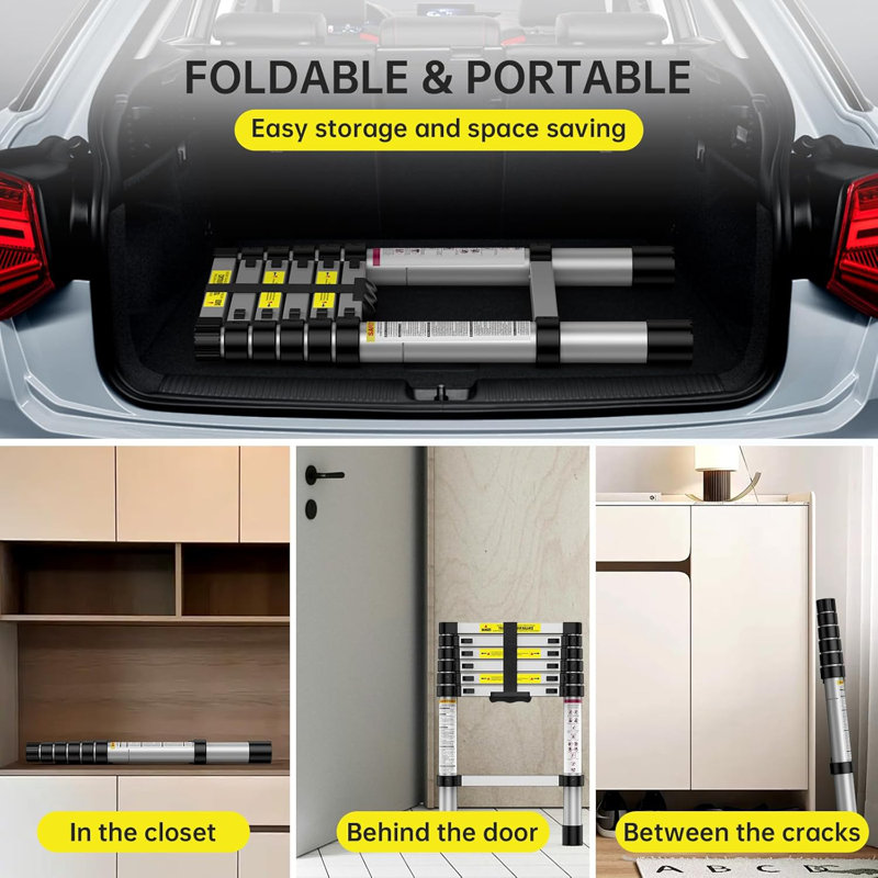 Échelle télescopique en aluminium, échelle pliante multi-usage avec pieds antidérapants, échelle pliante portable pour la maison, le véhicule récréatif, le loft et l'extérieur, argent