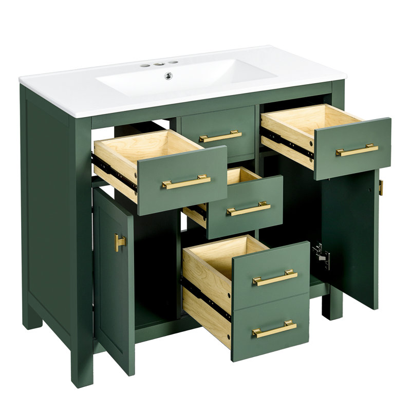 Meuble-lavabo moderne 36 po, lavabo en céramique, 2 portes, 4 tiroirs, planches, meuble-lavabo 36 po facile à installer, lavabo, armoires à fermeture en douceur, poignées exquises