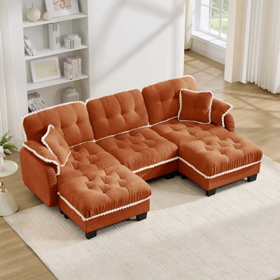 Canapé en chenille en U avec repose-pieds mobile et garniture pompon