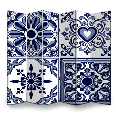 Paravent mexicain à 6 panneaux à carreaux floraux bleu royal et ornés de détails en toile