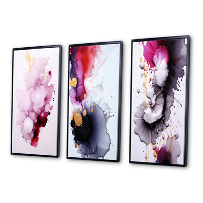 Exquisite Fluidity Magenta Ink Clouds - Abstract Painting Art Set Of 3 Pieces