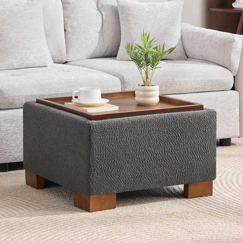 23.2" W Upholstered Square Storage Ottoman with Wooden Tray, Grey Boucle, 15.4" H x 23.2" W x 23.2" D