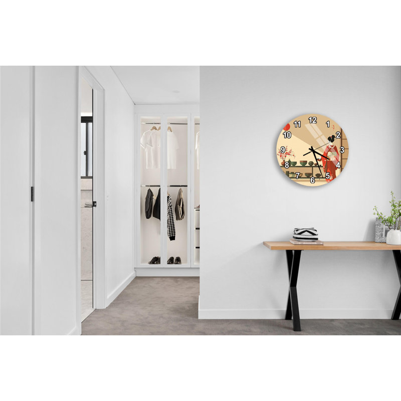 Élégante horloge murale en verre trempé Geisha, décor d'art japonais, beige, idée de cadeau de pendaison de crémaillère, décoration intérieure unique