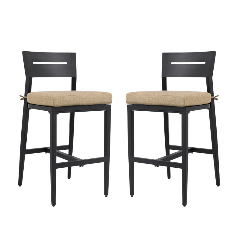 Chaises de bar modernes en aluminium 2pc, pieds fuselés, repose-pieds, ergonomique, noir Ember, coussin pour l'extérieur, près de la piscine