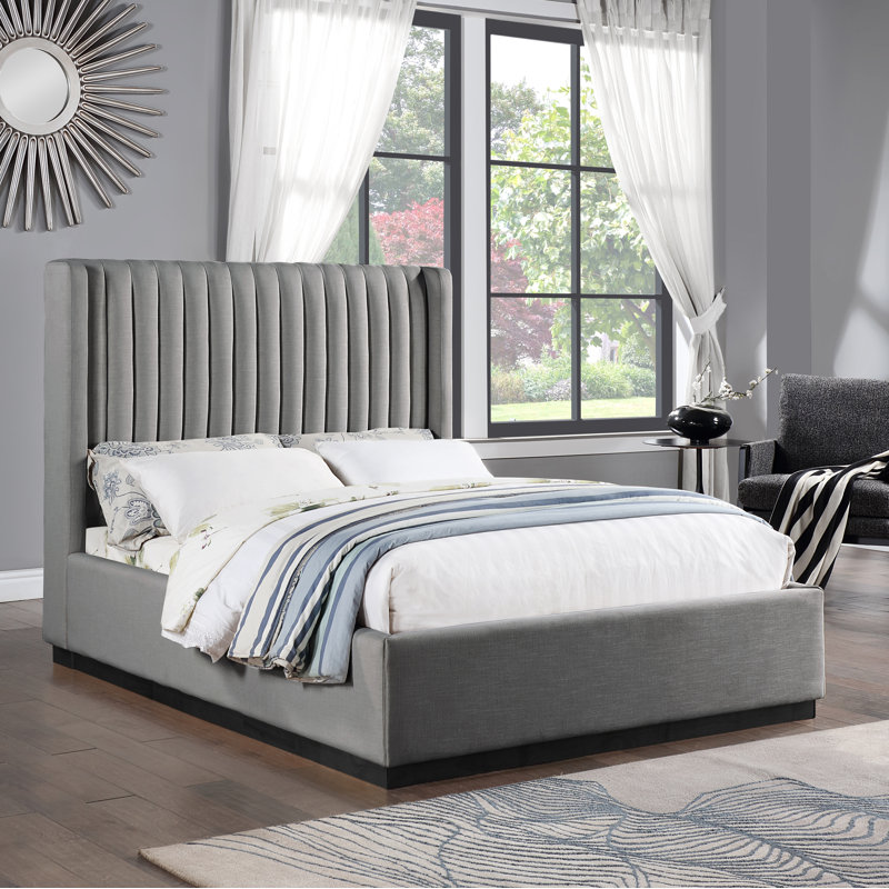 Lit à panneaux tapissier Chamblis, Double, Tissu texturé en lin gris