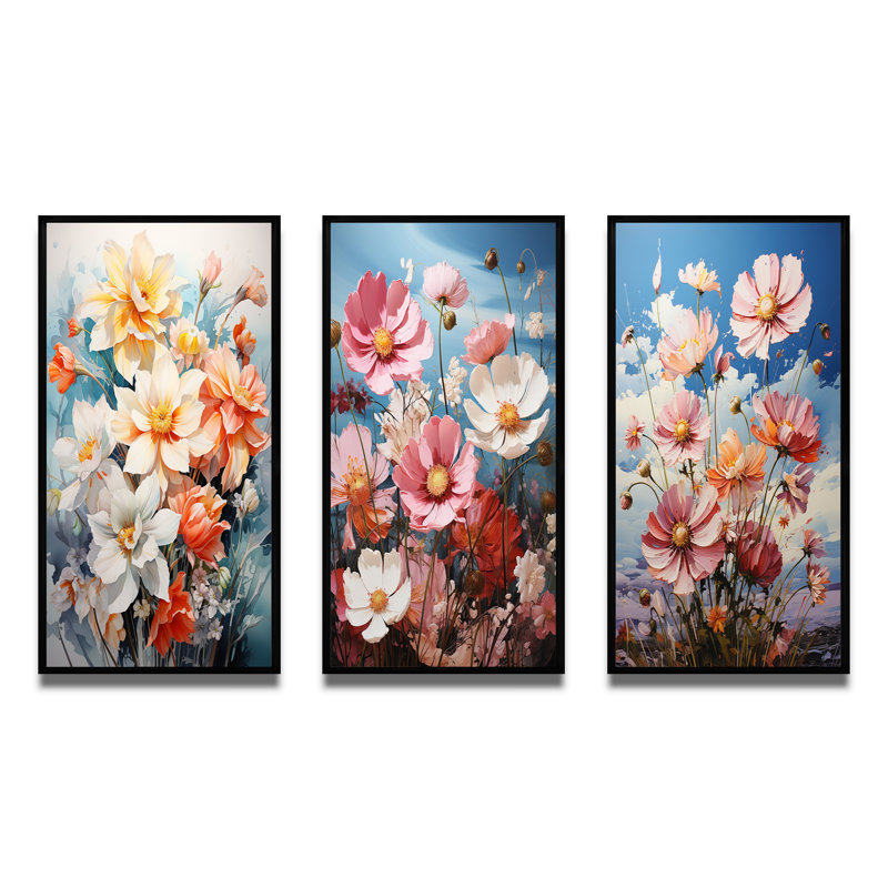 «Meadow Daffodil Dance», 3 pièces sur toile, Cadre flottant noir, H 40 po x l 60 po