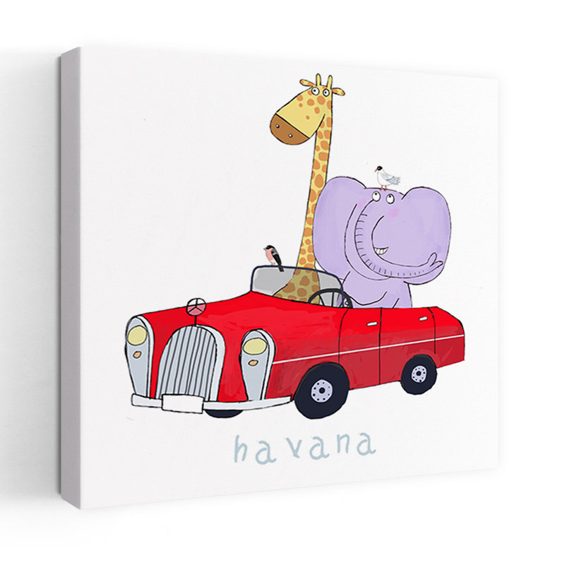 Animal Friends Red Car Classic Playful Whimsical Bird Elephant Giraffe Wall Art Print by Carla Daly - Wrapped Canvas Print