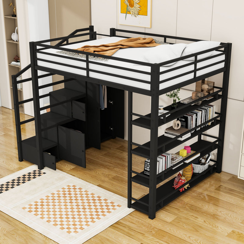 Grand lit mezzanine en métal avec tablettes et garde-robe