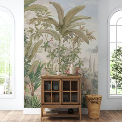 Tropical Garden Arch Landscape Wall Mural | Vintage Palm and Parrot Wallpaper | Non-Woven or Peel and Stick
