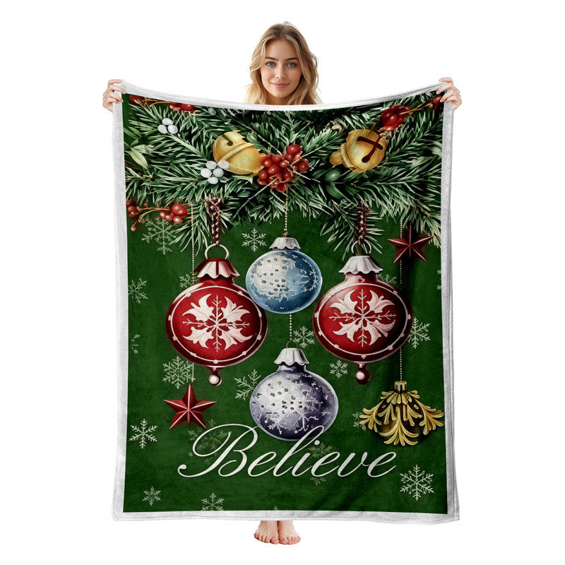 Plaid de Noël en flanelle polaire JYK, léger, respirant, doux, chaud et confortable en microfibre pelucheuse, 76 x 102 cm, décorations suspendues Believe