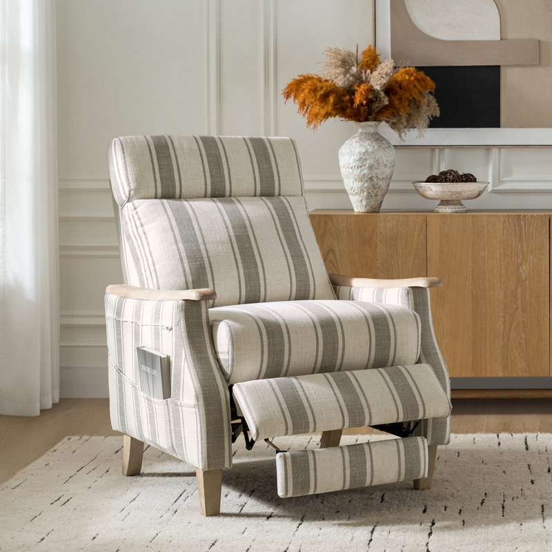 Adamsville Stripped Manual Recliner with Solid Wood Arms for Elderly, Gray Striped