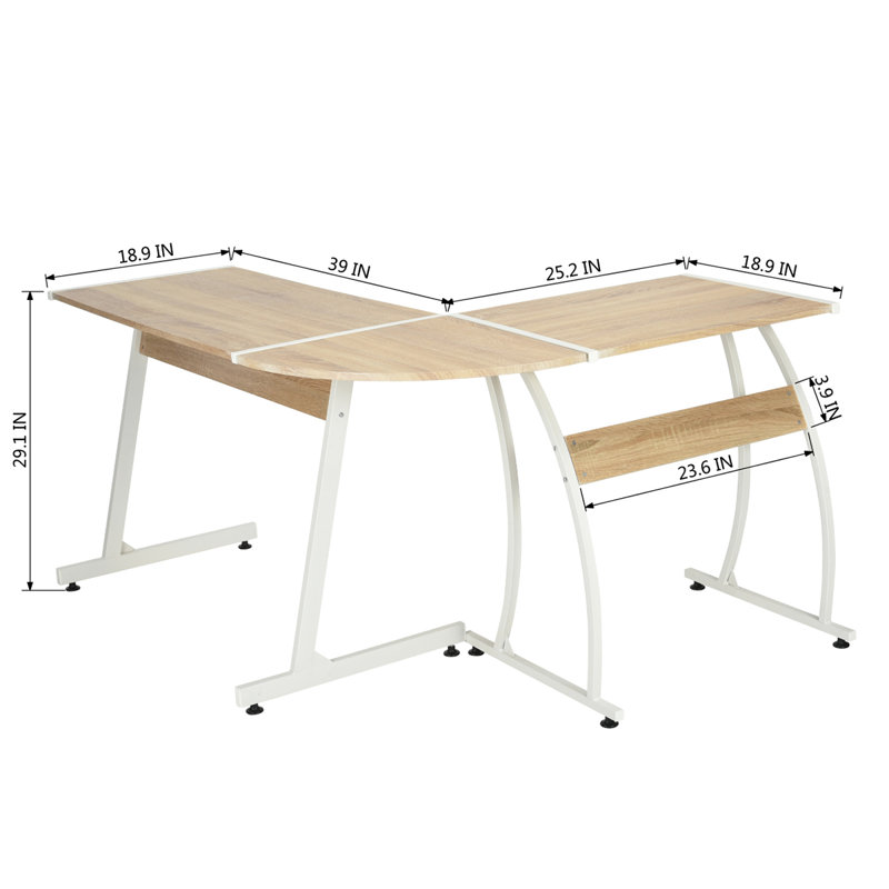 Alsey L-Shaped Metal Base Writing Desk, Oak, White