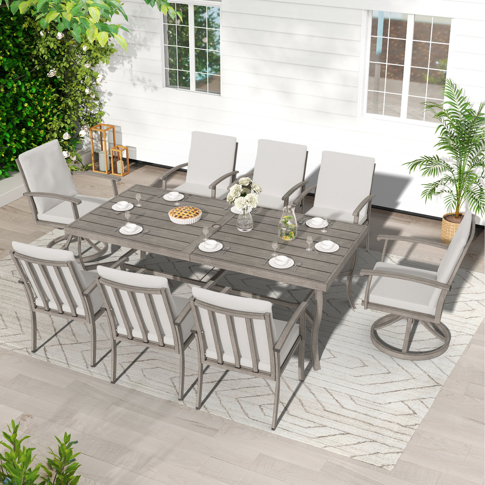 84'' Rectangular Outdoor Dining Set with Cushions, 8, Gray