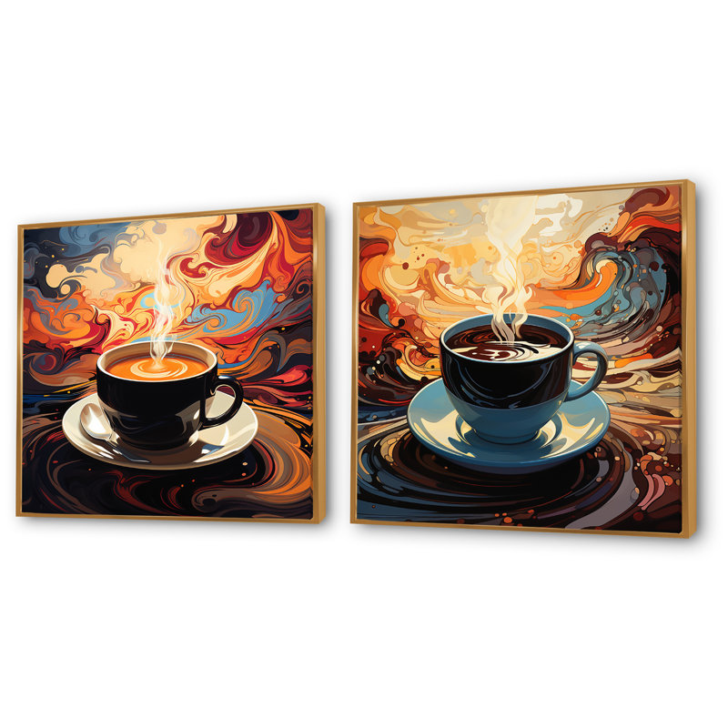 «Yellow Steaming Cup Of Coffee I», ensemble de 2 impressions sur toile de café, Cadre flottant doré