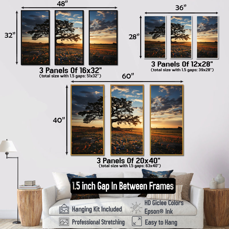 «Orange Bonnets Field With Sunset - Blue Bonnets», ensemble d'art sur toile, Cadre naturel flottant