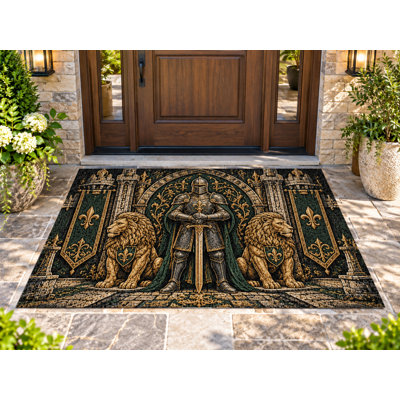 5' x 7' Outdoor Area Rug Medieval Dragon Lion Shield Heavyweight Solid Waterproof PVC Coil Loop Carpet, Patio Rug Quick Dry Outdoor Mat for Large Doormat Porch Deck Balcony Entryway RV Camping
