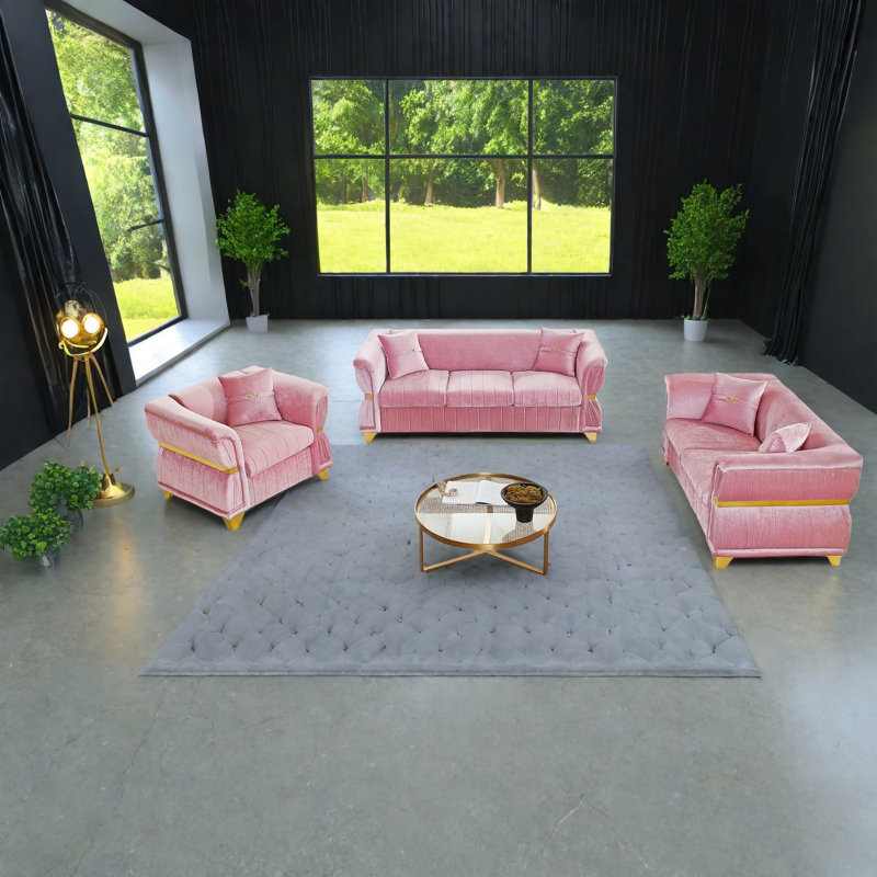 Ensemble de canapés modernes 3 pièces, garniture en velours rose pour une maison spacieuse
