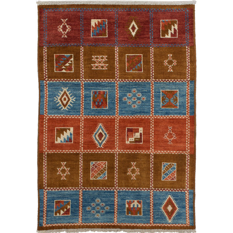 Tapis rouge / bleu unique en laine noué à la main style Mogul des années 2010 de 4 pi 3 po x 6 pi Kany